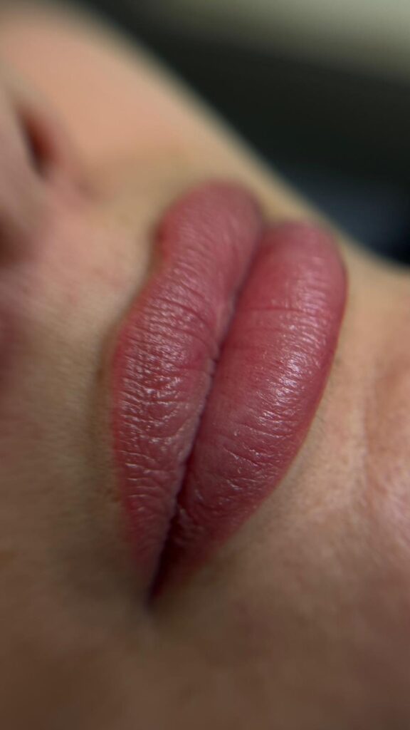 Volledig genezen resultaat van lippigmentatie met een zachte roze blush-techniek voor natuurlijk gedefinieerde lippen.