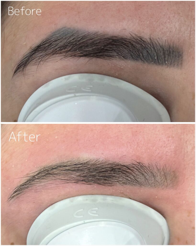 Kleurcorrectie van grijze of rode wenkbrauwen naar een warme, natuurlijke bruintint door middel van neutralisatie-pigmenten.