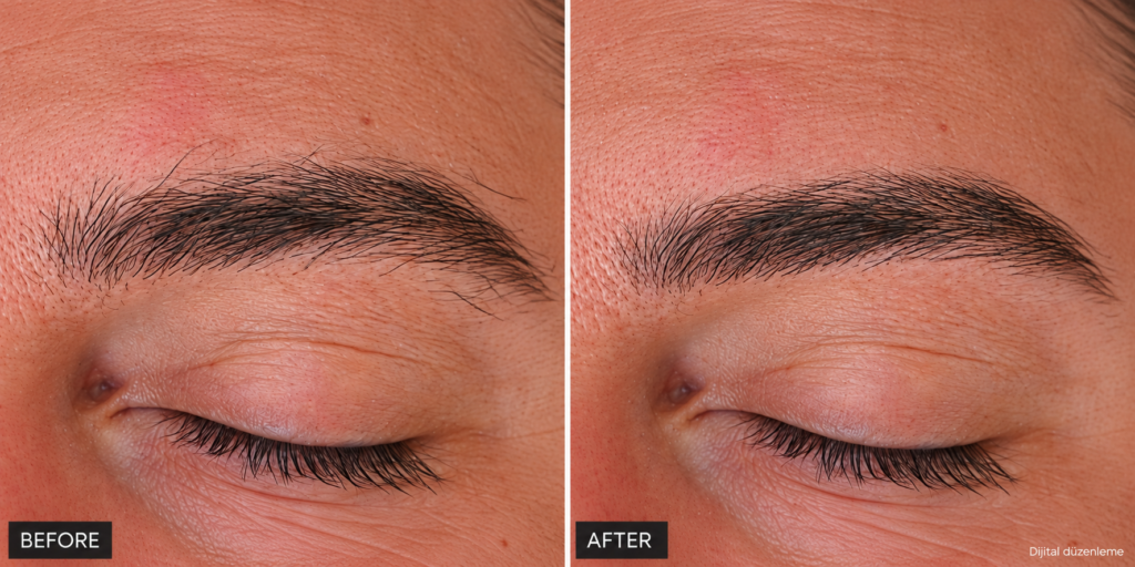 Before en after van wenkbrauwen epileren voor mannen in Antwerpen met threading en epileren met draad voor een natuurlijk verzorgd resultaat.